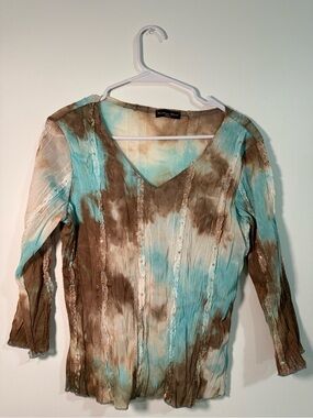 Vintage Teal and Brown Tie-Dye V-Neck Long Sleeve Top